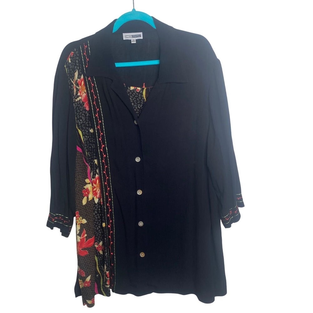 C.M. Shapes Button-Up Blouse Womens 1X Black Floral Embroidery 3/4 Sleeves Cotta